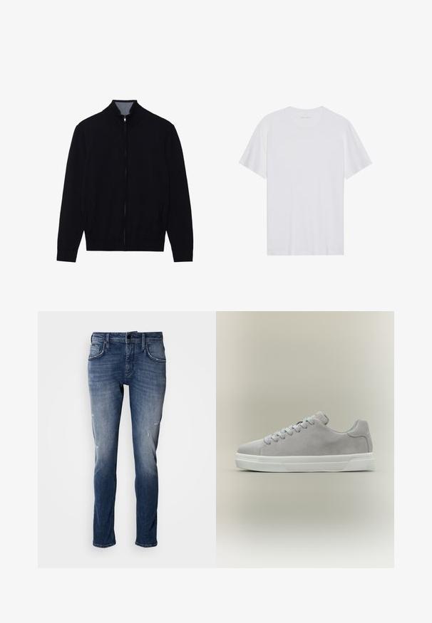 Schwarze Zip-Jacke mit hohem Kragen, gerippten Bündchen und zwei Seitentaschen. Hergestellt aus einem glatten, strukturierten Material.; Weißes Baumwoll-T-Shirt mit kurzen Ärmeln, Rundhalsausschnitt und glatter Textur. Verfügt über eine minimale Markenkennzeichnung am Halsausschnitt.; Antony Morato KURT COMFORT - Jeans Tapered Fit - blue denim; Hellgrauer Wildleder-Sneaker mit weißer Gummisohle und grauen Schnürsenkeln, seitlich vor neutralem Hintergrund dargestellt.