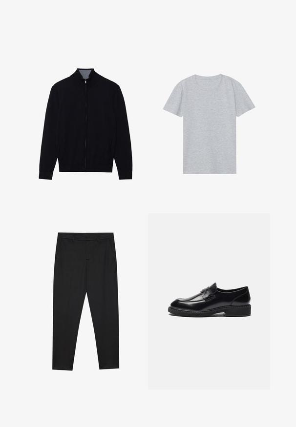 Chaqueta negra con cremallera y cuello alto, puños de canalé y dos bolsillos laterales. Fabricada en un material suave y texturizado.; Camiseta corta gris de manga corta hecha de una suave mezcla de algodón, que presenta un clásico escote redondo y una textura ligera y suave.; Pier One by Zalando PUNTO TAILORED PANTS - Pantalones chinos - black; Zign by Zalando LEATHER - Mocasines elegantes - black