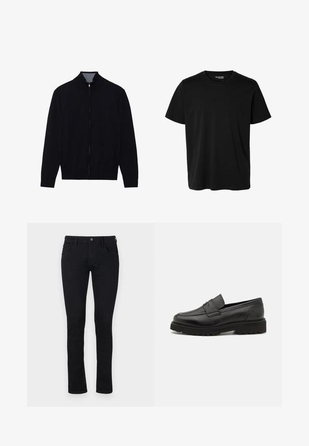 Schwarze Zip-Jacke mit hohem Kragen, gerippten Bündchen und zwei Seitentaschen. Hergestellt aus einem glatten, strukturierten Material.; Schlichtes schwarzes T-Shirt mit kurzen Ärmeln und Rundhalsausschnitt in Herrenform, ohne sichtbare Muster oder Logos auf der Vorderseite.; Schwarze Slim-Fit-Jeans aus Denim mit glatter Textur. Mit fünf Taschen und einem Reißverschluss sowie einem Knopfverschluss an der Taille.; Schwarze Lederloafer mit runder Zehenpartie, genähten Details und einer dicken, strukturierten Sohle. Verfügt über ein schlankes, minimalistisches Design.
