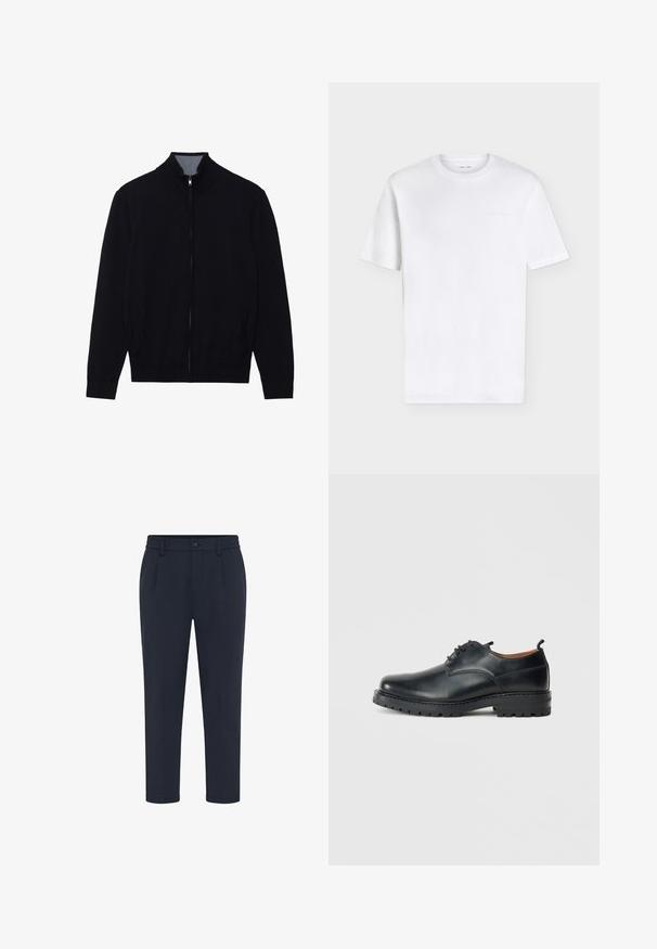 Veste noire zippée avec un col haut, des poignets côtelés et deux poches latérales. Fabriquée dans un matériau lisse et texturé.; T-shirt blanc uni à manches courtes et col rond avec un logo embossé subtil sur la partie supérieure gauche de la poitrine, présenté sur fond blanc.; Pantalon bleu marine foncé sur mesure avec fermeture par bouton et zip, passants de ceinture et jambes droites sur fond blanc.; Chaussures derby en cuir noir avec une texture lisse, bout rond, design à lacets et une semelle en caoutchouc épaisse et robuste.