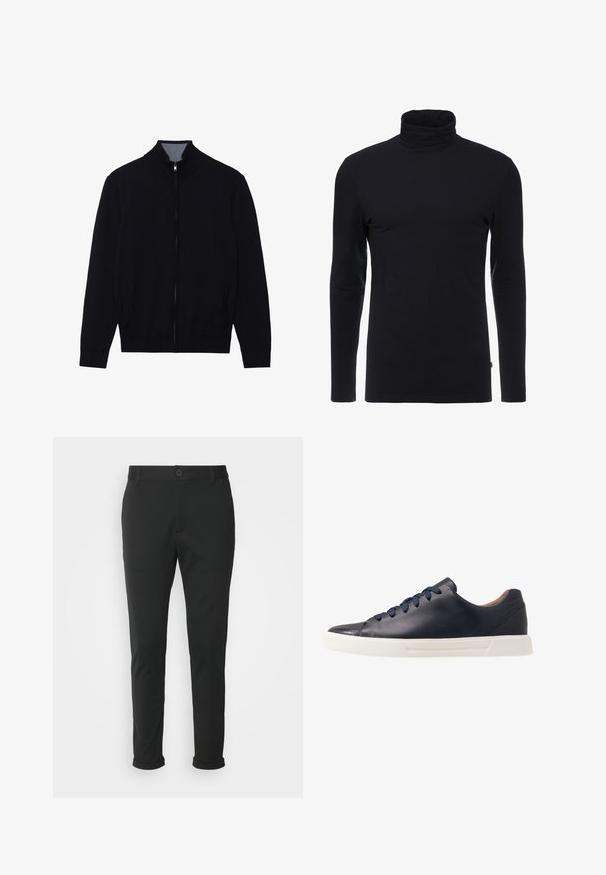 Μαύρο zip-up μπουφάν με ψηλό γιακά, ribbed μανίκια και δύο πλευρικές τσέπες. Κατασκευασμένο από απαλό, υφασμάτινο υλικό.; Μαύρο μακρυμάνικο μπλουζάκι με ψηλό γιακά, φτιαγμένο από μαλακό, ελαστικό υλικό. Διαθέτει εφαρμοστή σχεδίαση και απαλή υφή. Χωρίς ορατά σχέδια ή αξεσουάρ.; Μαύρο παντελόνι φτιαγμένο από απαλό ύφασμα με ίσια γραμμή. Διαθέτει κλείσιμο με ένα κουμπί και αναδιπλωμένα μανίκια.; Ναυτικές δερμάτινες αθλητικές παπούτσια με λεία επιφάνεια, επίπεδη λευκή καουτσούκ σόλα, στρογγυλή μύτη και έξι ναυτικά κορδόνια που περνούν μέσα από στρογγυλές θηλιές.