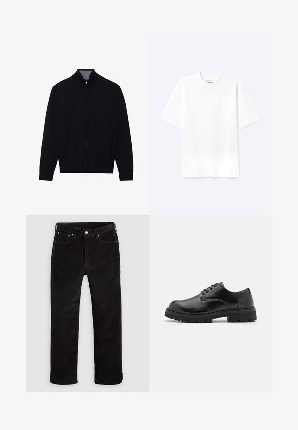 Zwarte zip-up jas met een hoge kraag, geribde manchetten en twee zijzakken. Gemaakt van een gladde, textuurrijke stof.; Effen witte T-shirt met korte mouwen en ronde hals, met een losse pasvorm, weergegeven op een lichte achtergrond.; Zwarte fluwelen rechte broek met voorste knoop, ritssluiting, lussen voor een riem en vijf-pocketdesign op een effen lichte achtergrond.; Zwarte leren schoenen met een ronde neus, vetersluiting en een dikke, gestructureerde rubberen zool. Kenmerken zijn stiksels langs de rand en een gladde afwerking.