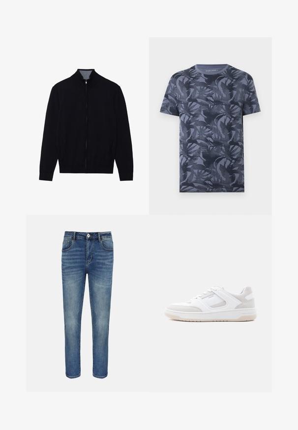 Veste noire zippée avec un col haut, des poignets côtelés et deux poches latérales. Fabriquée dans un matériau lisse et texturé.; T-shirt homme manches courtes col rond bleu foncé avec un motif discret de feuilles tropicales sur l'ensemble.; Jean droit bleu avec bouton et fermeture éclair à l'avant, passants pour ceinture et poches avant et arrière.; Baskets basses blanches et beige clair avec fermeture à lacets, col matelassé et semelle en caoutchouc sur un fond clair uni.