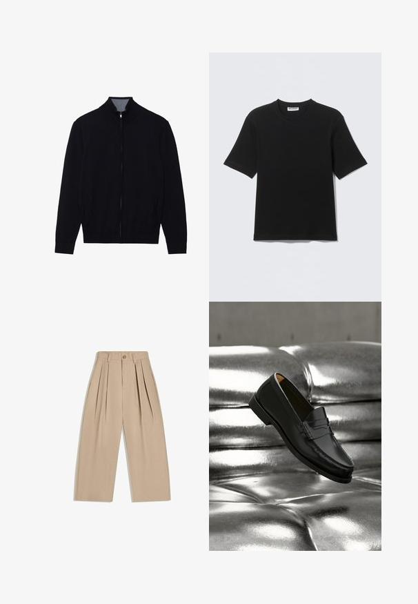 Veste noire zippée avec un col haut, des poignets côtelés et deux poches latérales. Fabriquée dans un matériau lisse et texturé.; T-shirt noir à manches courtes avec col rond, portant une étiquette "WEEKDAY" à l'intérieur du col, présenté à plat sur un fond clair.; Pantalon beige taille haute à jambes larges avec plis, passants pour ceinture et fermeture à bouton à l'avant.; Mocassin en cuir noir flottant au-dessus d'un canapé en cuir argenté brillant matelassé à boutons dans un décor minimaliste.