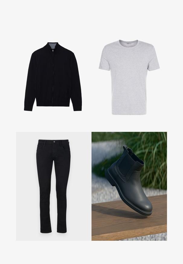 Μαύρο zip-up μπουφάν με ψηλό γιακά, ribbed μανίκια και δύο πλευρικές τσέπες. Κατασκευασμένο από απαλό, υφασμάτινο υλικό.; Γκρι βαμβακερό T-shirt με στρογγυλή λαιμόκοψη, κοντά μανίκια και απλή σχεδίαση, με απαλή, λεία υφή και χωρίς ορατά σχέδια ή διακοσμήσεις.; Μαύρα τζιν σλιμ φιτ σε υλικό τζιν με λεία υφή. Διαθέτουν πέντε τσέπες και μπροστινό φερμουάρ με κουμπί κλεισίματος στη μέση.; Μαύρη δερμάτινη μπότες μέχρι τον αστράγαλο με ελαστικές πλευρικές πάνελ, υφασματικές λεπτομέρειες και καουτσούκ σόλα; η προθήκη περιλαμβάνει μια ξύλινη επιφάνεια και πράσινα φυτά.