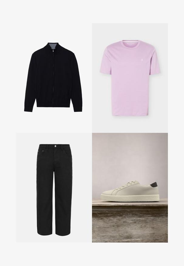 Sort zip-jakke med høj krave, ribbede manchetter og to sidelommer. Fremstillet af et glat, struktureret materiale.; Lyse lilla T-shirt med korte ærmer og rund halsudskæring, med lille hvidt "M OP"-logo på venstre bryst, vist på en hvid baggrund.; Sorte bukser med lige ben, forrest med knap- og lynlåslukning, bæltestropper og tre forlommer på en ensfarvet lys baggrund.; Hvid sneaker med tekstureret sål og sort hældetalje, svævende over en træbænk med højt grønt græs i baggrunden.