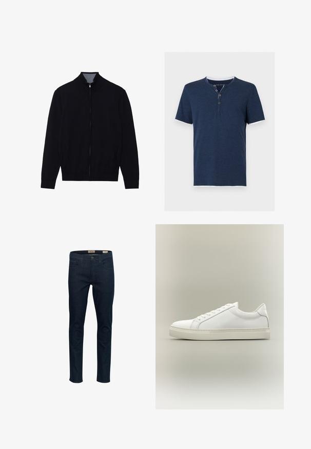 Schwarze Zip-Jacke mit hohem Kragen, gerippten Bündchen und zwei Seitentaschen. Hergestellt aus einem glatten, strukturierten Material.; Marineblaues Henley-Shirt mit kurzen Ärmeln, einer dreiknöpfigen Knopfleiste und weißem Besatz an Ärmeln und unterem Saum.; Dunkelblaue Jeans aus Denim im Slim-Fit-Schnitt, mit fünf Taschen und einem Knopfverschluss vorne. Merkmale sind feine Nähte und eine glatte Textur.; Weißer Sneaker mit niedrigem Schaft, vorn mit Schnürung und dicker Sohle, aus der Seitenansicht vor neutralem Hintergrund.
