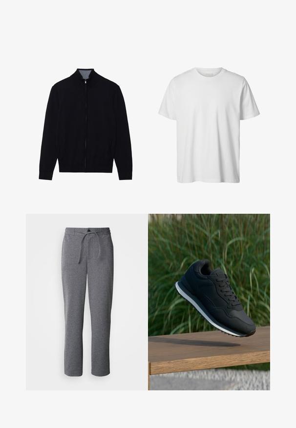 Zwarte zip-up jas met een hoge kraag, geribde manchetten en twee zijzakken. Gemaakt van een gladde, textuurrijke stof.; Eenvoudig wit T-shirt met korte mouwen en ronde hals, losse pasvorm en zonder zichtbare logo's of ontwerpen aan de voorkant.; Grijze sweatpants gemaakt van zachte stof, met een trekkoord in de taille, rechte pijpen en een eenvoudig, onversierd design.; Zwarte sportieve schoen met een gestructureerde bovenkant, vetersluiting en contrasterende witte tussenzool; in de lucht weergegeven boven een houten oppervlak.