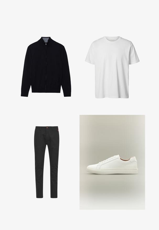 Zwarte zip-up jas met een hoge kraag, geribde manchetten en twee zijzakken. Gemaakt van een gladde, textuurrijke stof.; Eenvoudig wit T-shirt met korte mouwen en ronde hals, losse pasvorm en zonder zichtbare logo's of ontwerpen aan de voorkant.; Zwarte chinos met een slim fit, gemaakt van katoen, voorzien van een bruine knoopsluiting, vier zakken en klassieke stikseldetails.; Witte lage sneaker met vetersluiting en platte zool, zijwaarts weergegeven op een neutrale achtergrond.