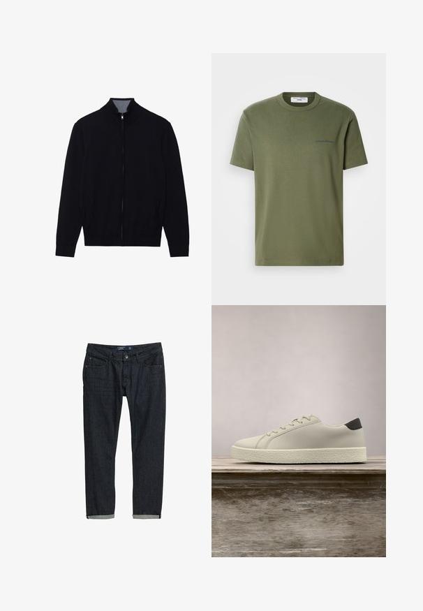 Schwarze Zip-Jacke mit hohem Kragen, gerippten Bündchen und zwei Seitentaschen. Hergestellt aus einem glatten, strukturierten Material.; Olivgrünes Baumwoll-T-Shirt mit klassischem Rundhalsausschnitt, kurzen Ärmeln und kleinem blauem Stickschriftzug auf der Brust. Einfaches, schmuckloses Design.; Dunkelblaue Jeans mit Slim-Fit, mit hochgekrempelten Säumen, klassischem Fünf-Taschen-Design und Knopfverschluss, vor einem weißen Hintergrund.; Weißer Sneaker mit strukturierter Sohle und schwarzem Absatzdetail, schwebend über einer Holzbank mit hohem grünem Gras im Hintergrund.