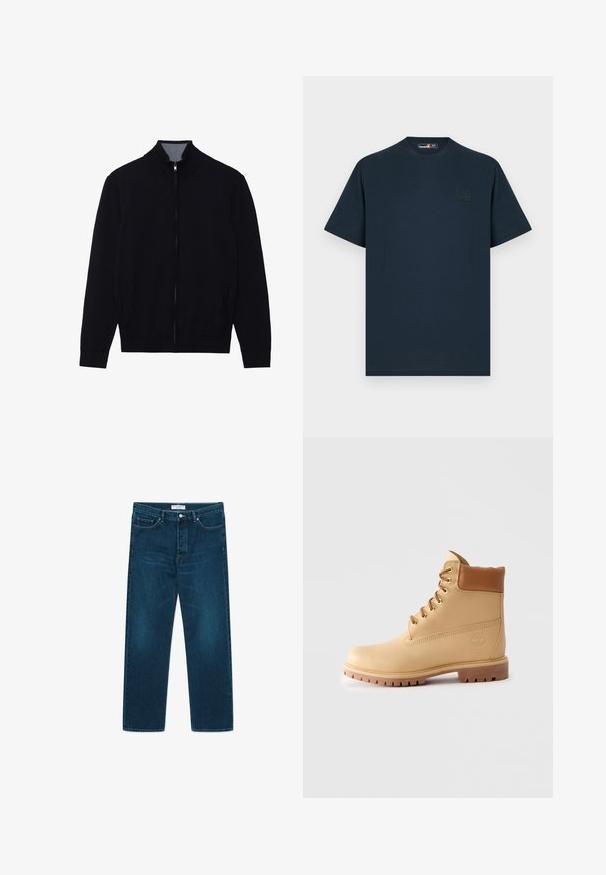 Veste noire zippée avec un col haut, des poignets côtelés et deux poches latérales. Fabriquée dans un matériau lisse et texturé.; T-shirt bleu marine à manches courtes et col rond avec un petit patch logo Timberland ton sur ton sur le côté gauche de la poitrine.; WOOD WOOD WW TYPE 2 DENIM STRAIGHT LEG - Jean droit - dark ocean; Bottes ankle en cuir marron clair avec col rembourré, œillets dorés, lacets tan et semelle crantée épaisse sur fond clair.
