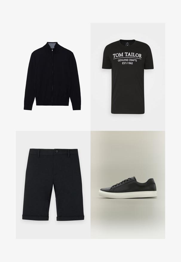 Chaqueta negra con cremallera y cuello alto, puños de canalé y dos bolsillos laterales. Fabricada en un material suave y texturizado.; TOM TAILOR Camiseta estampada - black; Pantalones cortos negros de algodón con cierre de botón, diseño entallado y dobladillo enrollado. Presentan bolsillos delanteros y una textura suave.; Zapatilla negra de perfil bajo con suela de caucho blanca y cordones negros, mostrada de perfil contra un fondo neutral.