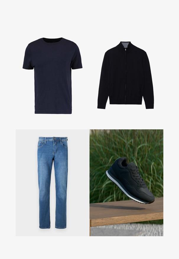 Veste noire zippée avec un col haut, des poignets côtelés et deux poches latérales. Fabriquée dans un matériau lisse et texturé.; Pier One by Zalando T-shirt basique - dark blue; Jean en denim bleu moyen avec une coupe droite. Comprend cinq poches, une fermeture à bouton et des détails de couture visibles le long des coutures.; Chaussure de sport noire avec une tige texturée, un laçage et une semelle intermédiaire blanche contrastante ; présentée en l'air au-dessus d'une surface en bois.