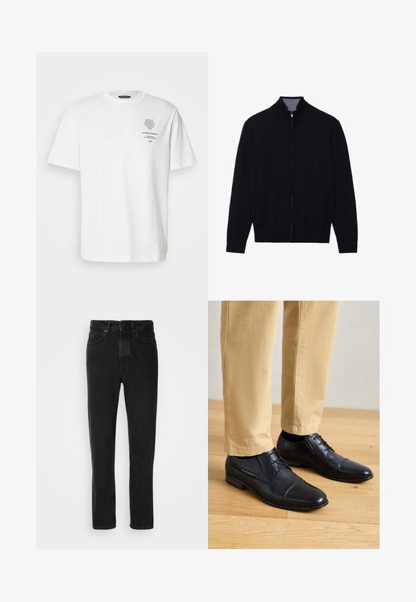 Sort zip-jakke med høj krave, ribbede manchetter og to sidelommer. Fremstillet af et glat, struktureret materiale.; Hvid bomulds t-shirt med rund halsudskæring, korte ærmer og et trykt logo og tekstdesign på forsiden i grå.; Sorte denim jeans med lige ben-design, med knap- og lynlåslukning, forlommer og subtile teksturer.; Sorte læder dress sko med en glat finish, der har en rund tå, snørebåndsdesign og diskret branding på siden, parret med khaki bukser.