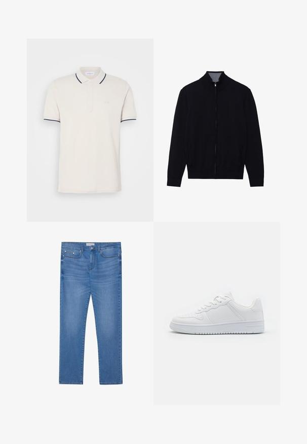 Sort zip-jakke med høj krave, ribbede manchetter og to sidelommer. Fremstillet af et glat, struktureret materiale.; Creme polo shirt med en tre-knap lukning, korte ærmer og marineblå krave- og ærmeaksenter. Blødt bomuldsblandingsstof.; Lyseblå denimjeans med lige ben, femlommes design, subtil falming og metalbeslag ved taljen og lommerne.; Hvide sneakers lavet af glat syntetisk materiale, med flade snørebånd, perforeret tå og en gummisål med et tekstureret grebmønster.