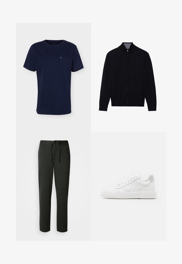 Sort zip-jakke med høj krave, ribbede manchetter og to sidelommer. Fremstillet af et glat, struktureret materiale.; Marineblå T-shirt med korte ærmer og rund halsudskæring med en brystlomme med et lille logo på en ensfarvet baggrund.; Mørkegrå sweatpants lavet af en blød bomuldsblanding. Har elastisk talje med snor og sidelommer. Lige ben-design.; Hvide lædersneakers med en glat finish, rund tå, flade snørebånd og en struktureret sål. Grå ruskindsdetalje ved hælen.