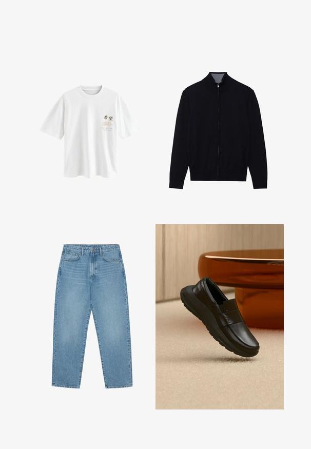 Zwarte zip-up jas met een hoge kraag, geribde manchetten en twee zijzakken. Gemaakt van een gladde, textuurrijke stof.; Next T-SHIRT - T-shirt print - white japan; Lichtblauwe denim jeans met een rechte pijp, vijfzakkenontwerp en een licht verweerde look. Voorzien van een knoop- en ritssluiting.; Zwarte leren loafer met dikke zool, weergegeven boven een beige tapijt en dichtbij een ronde amberkleurige tafelpoot.