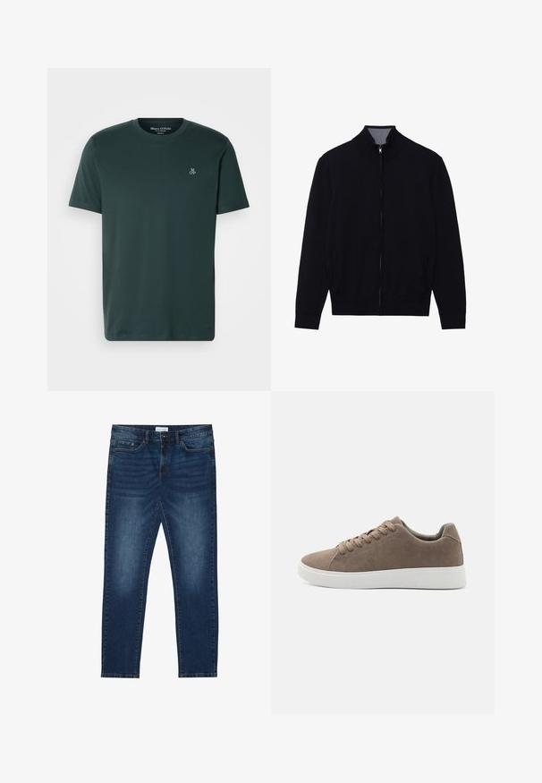 Chaqueta negra con cremallera y cuello alto, puños de canalé y dos bolsillos laterales. Fabricada en un material suave y texturizado.; Camiseta verde oscuro hecha de tela suave, con cuello redondo y mangas cortas. Logo bordado en el lado izquierdo del pecho.; Vaqueros ajustados de color azul oscuro con detalles desgastados, diseño clásico de cinco bolsillos, cierre de botón y presillas para cinturón.; Zapatillas de ante marrón con suelas de goma blanca planas, diseño de cordones, punta redondeada y una textura suave. Estilo minimalista con sutiles detalles de costura.