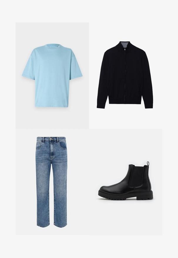 Zwarte zip-up jas met een hoge kraag, geribde manchetten en twee zijzakken. Gemaakt van een gladde, textuurrijke stof.; Lichtblauwe katoenen T-shirt met een ronde hals, korte mouwen en een losse pasvorm. Smooth textuur en minimalistisch ontwerp.; Blauwe denim jeans met rechte pijpen, voorzakken, lussen voor een riem, knoopsluiting en een vervaagde wassing.; Zign by Zalando LEATHER - Lage laarzen - black