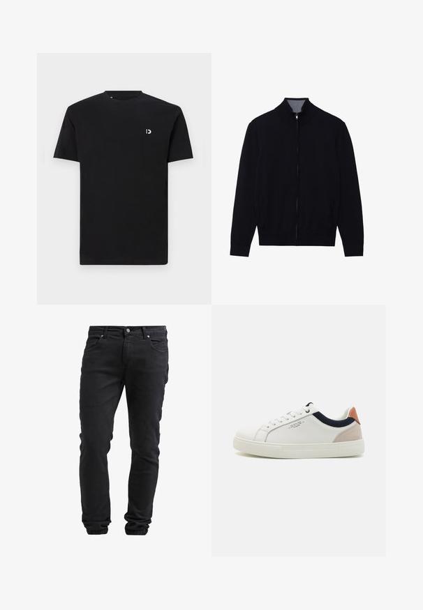 Schwarze Zip-Jacke mit hohem Kragen, gerippten Bündchen und zwei Seitentaschen. Hergestellt aus einem glatten, strukturierten Material.; Schwarz Baumwoll-T-Shirt mit kurzen Ärmeln, rundem Halsausschnitt und einem kleinen weißen Logo auf der linken Brustseite. Glatte Textur, schlichtes Design.; Schwarze Slim-Fit-Jeans mit Knopf- und Reißverschluss, fünf Taschen und elastischen Bündchen an den Knöcheln.; Weiße Leder-Sneaker mit einem Low-Top-Design, marineblauem Stoffakzent am Kragen und einem hellrosa Wildleder-Hackenteil. Gummisohle.