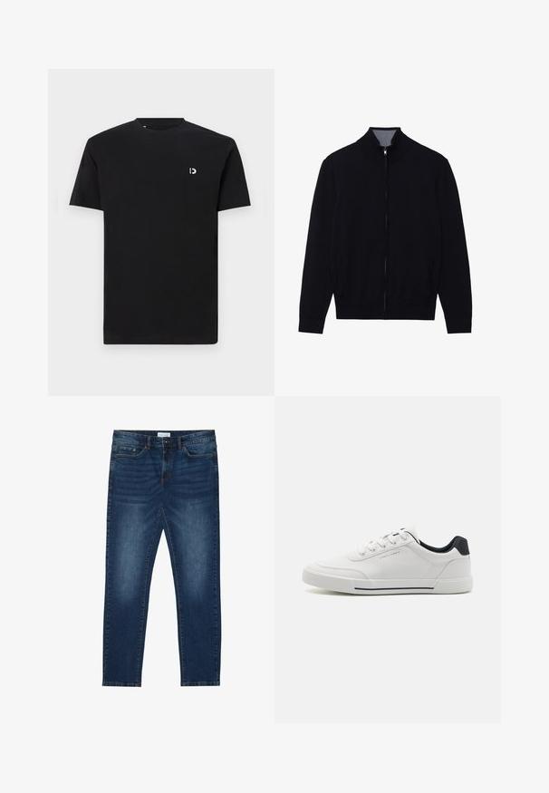 Veste noire zippée avec un col haut, des poignets côtelés et deux poches latérales. Fabriquée dans un matériau lisse et texturé.; T-shirt en coton noir à manches courtes, col rond, avec un petit logo blanc sur la poitrine gauche. Texture lisse, design simple.; Jean slim-fit bleu foncé avec des détails délavés, design classique à cinq poches, fermeture à bouton et passants de ceinture.; Baskets blanches avec un dessus en synthétique lisse, bout rond, design à lacets, accent marine sur le talon, et une semelle en caoutchouc texturée avec une bande noire.