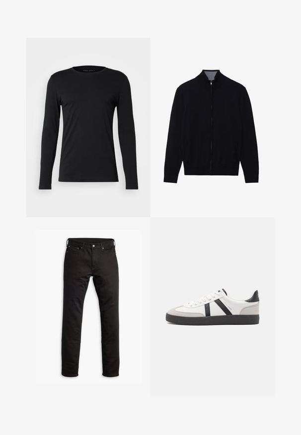 Chaqueta negra con cremallera y cuello alto, puños de canalé y dos bolsillos laterales. Fabricada en un material suave y texturizado.; Camiseta de manga larga negra, hecha de tejido suave. Presenta un escote redondo y una silueta ajustada sin gráficos ni adornos visibles.; Jeans de mezclilla negra con un diseño de pierna recta, bolsillos frontales y cierre de botón. La tela tiene una textura suave y un detalle mínimo.; Zapatilla blanca con acentos en negro y gris, que presenta una puntera texturizada en gris, suela de goma negra y cordones planos blancos. Diseño limpio, estilo minimalista.