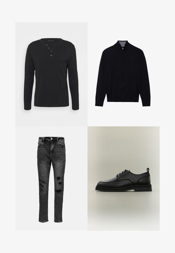 Chaqueta negra con cremallera y cuello alto, puños de canalé y dos bolsillos laterales. Fabricada en un material suave y texturizado.; Camisa henley negra de manga larga, hecha de un tejido suave, con una placket de botones, cuello redondo y mangas ajustadas.; Jeans de denim negro con un corte ajustado, que presentan desgarros desgastados en los muslos y las rodillas, cinco bolsillos y un cierre clásico de botón.; Zapato de vestir negro de cuero con cordones, suela gruesa y lengüeta en el talón, mostrado de perfil sobre fondo neutro.