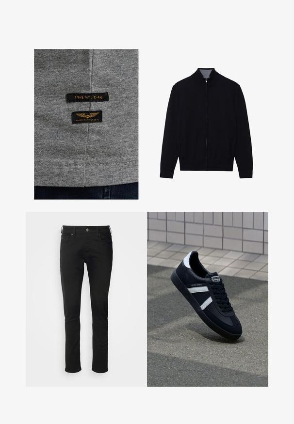 Schwarze Zip-Jacke mit hohem Kragen, gerippten Bündchen und zwei Seitentaschen. Hergestellt aus einem glatten, strukturierten Material.; Grauer Baumwollstoff mit zwei schwarzen Etiketten. Auf einem Etikett steht "TYPE N°: C-46" und auf dem anderen "AMERICAN CLASSIC" mit goldener Stickerei.; Schwarze Baumwolljeans mit geradem Bein, ausgestattet mit einem frontalen Knopfverschluss, Gürtelschlaufen und regulären Taschen mit einer glatten Textur.; Schwarze Leder-Sneaker mit weißen Streifen, strukturiertem Gummisohle und Schnürung. Verfügt über ein Markenetikett auf der Zunge.