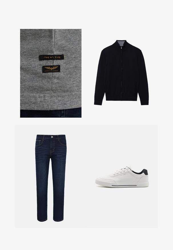 Zwarte zip-up jas met een hoge kraag, geribde manchetten en twee zijzakken. Gemaakt van een gladde, textuurrijke stof.; Grijs katoen stof met twee zwarte labels. Eén label toont "TYPE N°: C-46" en het andere "AMERICAN CLASSIC" met gouden borduurwerk.; Donkerblauwe denim jeans met voorzakken, knoopsluiting en subtiele vervaagde details op de dijen op een witte achtergrond.; Witte sneakers met een glad synthetisch bovenwerk, ronde neus, vetersluiting, marineblauwe accenten op de hiel en een gestructureerde rubberen zool met een zwarte streep.