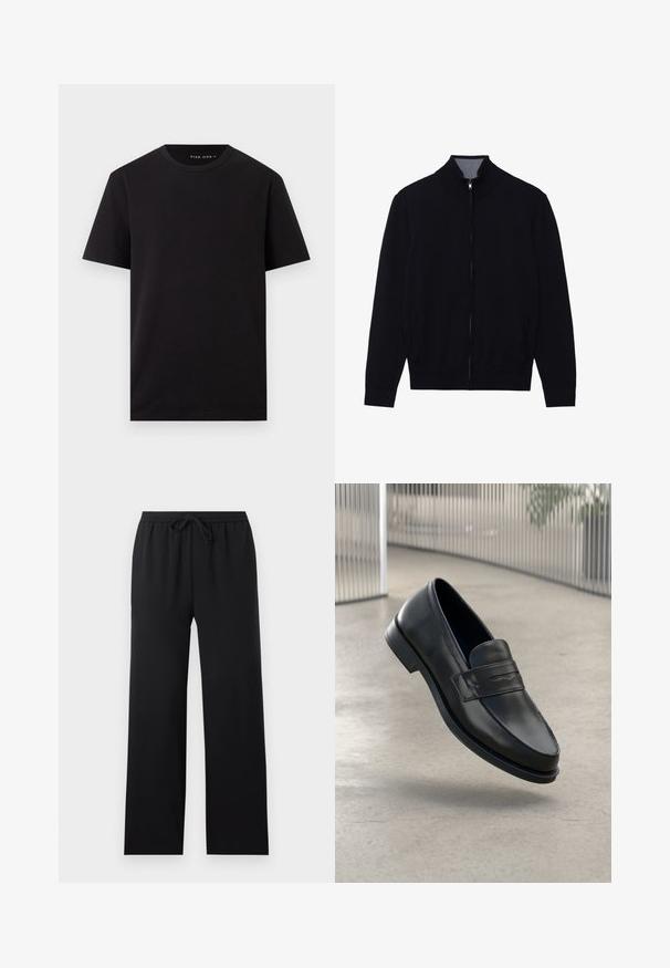 Veste noire zippée avec un col haut, des poignets côtelés et deux poches latérales. Fabriquée dans un matériau lisse et texturé.; T-shirt noir à manches courtes avec col rond et ourlet droit, en tissu lisse, présenté sur fond blanc uni.; Pantalon noir ample avec taille élastique et cordon de serrage à l'avant, jambes droites, design sobre, présenté sur un fond neutre.; Mocassin en cuir noir à texture lisse, bout pointu et bande décorative sur le cou-de-pied. Semelle légère, design minimaliste.
