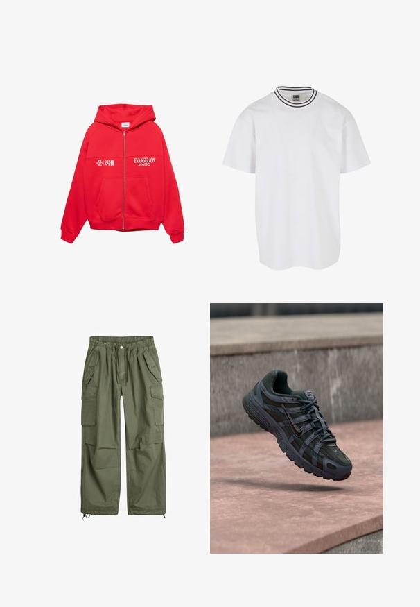 Rød zip-up hættetrøje med frontlommer, hvid "EVANGELION" og japansk tekst trykt på brystet, samt en hætte med et mærke indeni.; Hvid bomulds t-shirt med rund halsudskæring og et sort-hvidstribet ribbet krave. Korte ærmer og en afslappet pasform.; Olivenfarvede cargo-bukser med elastisk talje, snor, flere sidelommer og tætsiddende ankler. Fremstillet af holdbart bomuldsstof.; Mørkegrå Nike løbesko med mesh og syntetisk design, svævende over en lyserød betonoverflade med en grå stens baggrund.