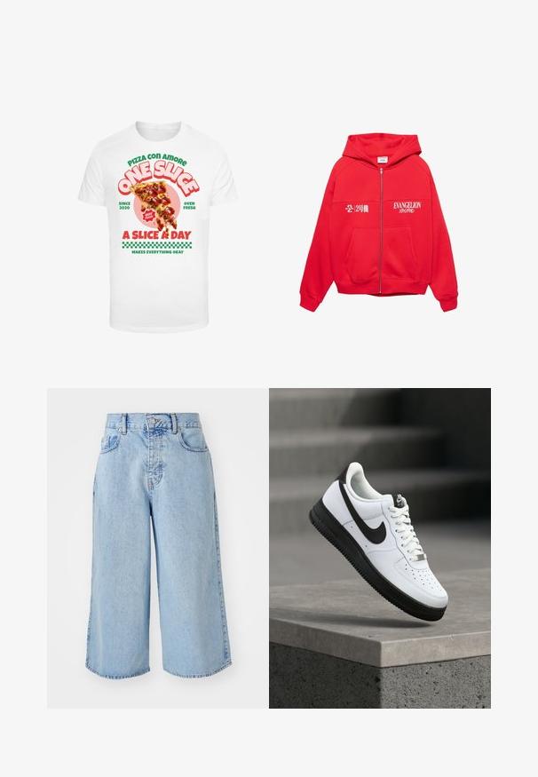 Rode rits hoodie met voorzakken, witte "EVANGELION" en Japanse tekst gedrukt op de borst, en een capuchon met een label aan de binnenkant.; Witte t-shirt met een grafische print van een pizzapunt met pepperoni, vergezeld van kleurrijke tekst en een geruit patroon aan de onderkant.; Lichtblauwe denim culotte shorts met een hoge taille, vijf-pocket ontwerp en losse pasvorm. Beschikt over een vervaagde textuur en dubbel gestikte zoom.; Witte leren sneaker met zwarte accenten, afgeronde neus en geperforeerde details. Zwarte rubberen zool met een gestructureerd patroon en vetersluiting.