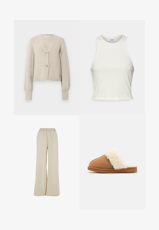 Beige neulottu neuletakki, jossa on pitkät hihat, V-pääntie, ribatut hihansuut ja helma, sekä kaksi koristeellista hopeanväristä ruusuketta.; 7 DAYS Active SHIELDS TOP - Toppi - white; Vaaleanbeige leveälahkeiset housut, joissa on joustava vyötärö. Silkkinen, pehmeä kangas, joka on lörppö, ilman näkyviä kuvioita tai yksityiskohtia.; Ruske suede slippersit, joissa on valkoinen tekoturkisreuna, suljettu kärki, litteä pohja ja näkyvät ompelut yksityiskohdat reunojen ympärillä.