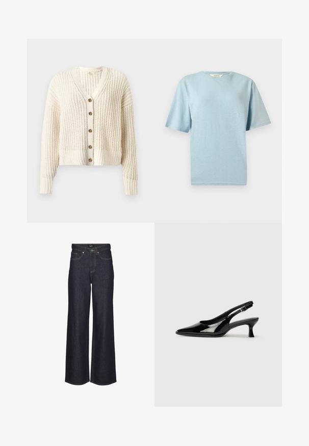 Cardigan en grosse maille couleur crème avec manches longues, col en V, poignets et bas côtelés, et cinq boutons marron sur le devant.; T-shirt à manches courtes bleu clair avec col rond, à texture lisse, présenté sur un fond gris neutre.; Jeans taille haute à jambes larges en denim foncé. Dotés de coutures classiques, de cinq poches et d'une fermeture à bouton à l'avant.; Escarpins en cuir verni noir avec un bout pointu et un petit talon carré. Sangle réglable à la cheville avec boucle.