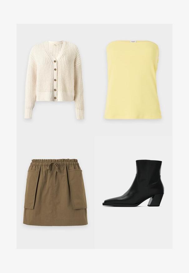 Cardigan en grosse maille couleur crème avec manches longues, col en V, poignets et bas côtelés, et cinq boutons marron sur le devant.; Top sans manches rayé jaune avec un design ajusté. Présente des accents de boutons sur le côté, une texture lisse et un décolleté droit.; Jupe olive, longueur genoux, avec une taille élastique, un cordon de serrage et deux grandes poches latérales. Fabriquée en tissu léger avec des coutures visibles.; Bottine en cuir noir avec un bout pointu, une silhouette élégante et un talon carré massif. Texture lisse avec des détails de couture minimalistes.