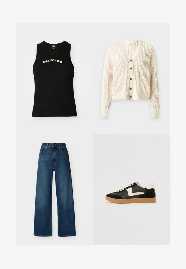 Cárdigan de punto grueso color crema con mangas largas, cuello en V, puños y bajo acanalados, y cinco botones marrones en la parte delantera.; Top sin mangas negro con textura acanalada, con un logotipo blanco curvado de "DICKIES" en el pecho y un diseño de escote en V.; Vaqueros azules de mezclilla de tiro alto y pierna ancha con cierre de botón y cremallera frontal, trabillas para cinturón y bolsillos delanteros sobre un fondo liso.; Zapatillas de deporte de ante y cuero negro con un swoosh lateral en crema y un talón en crema claro. Presenta cordones beige y una suela de goma marrón.