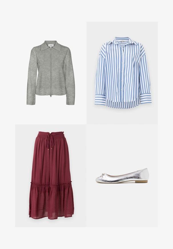 Vero Moda AWHANNA KNIT CARDIGAN - Cardigan - medium grey melange; Langærmet skjorte med knapper ned foran, med lodrette blå og hvide striber, spids krave og brede, stribede manchetter, vist på ensfarvet baggrund.; Vinrød plisseret midi nederdel med elastisk talje, justerbar snor med gyldne perler og en flæsekant nær kanten.; Sølv balletflade med metallisk finish, rund tå, sløjfeaccent foran og en lav hæl for ekstra komfort.