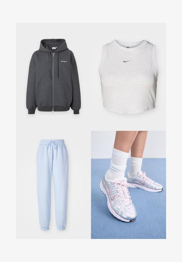 Mørkegrå zip-up hoodie lavet af blødt stof, med en frontlomme, snor til hætten og et lille hvidt logo på brystet.; Hvid crop top lavet af blødt, tekstureret stof. Har en rund hals og uden ærmer med et lille guld Nike-logo på forsiden.; Lyseblå joggingbukser med elastisk talje og snøre. Har et lille Nike-logo på siden og er samlet ved manchetterne.; Nike løbesko med sølvnetoverdel og pink detaljer, hvide snørebånd og en struktureret sål. Båret sammen med hvide bomulds sportsstrømper.