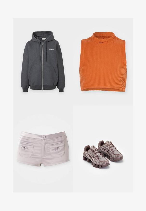 Dunkelgrauer Reißverschluss-Hoodie aus weichem Stoff, mit einer Vorderseite für die Hände, Kapuze mit Kordelzug und einem kleinen weißen Logo auf der Brust.; Oranges, geripptes, ärmelloses Crop-Top mit hohem Kragen und dezentem Nike-Logo auf der Vorderseite, das ein tailliertes Design und strukturierter Stoff bietet.; Helle lila Shorts aus glattem, glänzendem Stoff, mit zwei Gesäßtaschen und einem vorderen Knopfverschluss sowie flachem Bund.; Nike Sportswear SHOX TL - Sneaker low - pumice/night maroon/plum eclipse