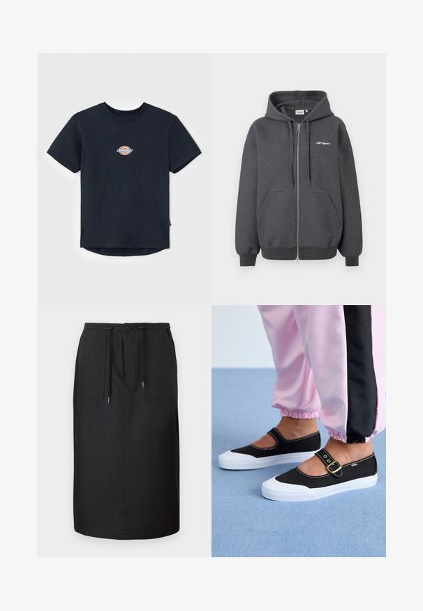 Sudadera con cremallera de color gris oscuro, hecha de una tela suave, que cuenta con un bolsillo frontal, capucha con cordón y un pequeño logo blanco en el pecho.; Camiseta de algodón negra con mangas cortas, cuello redondo y un pequeño logo multicolor en el pecho. Tiene un dobladillo recto y la parte trasera es ligeramente más larga.; Falda de mezclilla negra con silueta recta, que presenta una cinturilla elástica, cordón y dos bolsillos frontales para mayor funcionalidad.; Zapatillas de lona negras con suela blanca, con un diseño recortado y una correa con hebilla dorada. Combinadas con pantalones de chándal rosas.