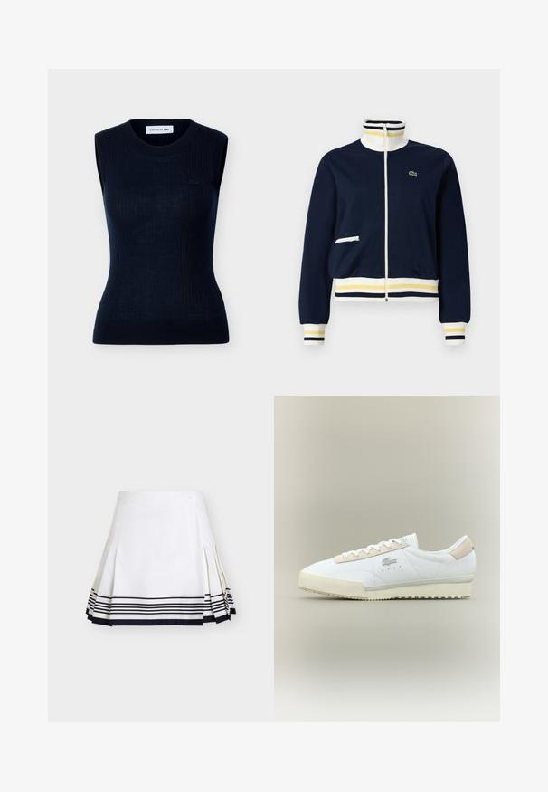 Veste bleu marine zippée avec col, poignets et ourlet côtelés rayés blanc, jaune et noir, poche zippée blanche et petit logo vert sur la poitrine.; Haut noir sans manches en maille avec encolure ronde, fines côtes verticales subtilement dessinées, et petit logo Lacoste sur la poitrine gauche.; Jupe blanche plissée avec des rayures horizontales noires près de l'ourlet et un petit bouton sur la taille, présentée sur un fond uni.; Baskets en cuir blanc avec un accent en suède beige. Caractéristiques d'un bout arrondi, de lacets plats et d'une semelle texturée. Logo Lacoste sur le côté.