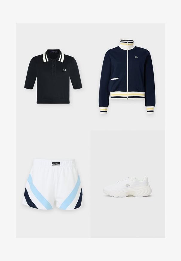Veste bleu marine zippée avec col, poignets et ourlet côtelés rayés blanc, jaune et noir, poche zippée blanche et petit logo vert sur la poitrine.; Polo noir à manches courtes avec double rayures blanches sur le col et petit logo laurier blanc sur la poitrine gauche.; Shorts de sport blancs avec taille élastique, présentant des rayures diagonales bleu clair et bleu marine, et un patch logo Lacoste noir au centre du dos.; Baskets blanches avec une tige texturée, un design de semelle prononcé, un système de laçage et un petit détail de logo. Construction lisse et légère.