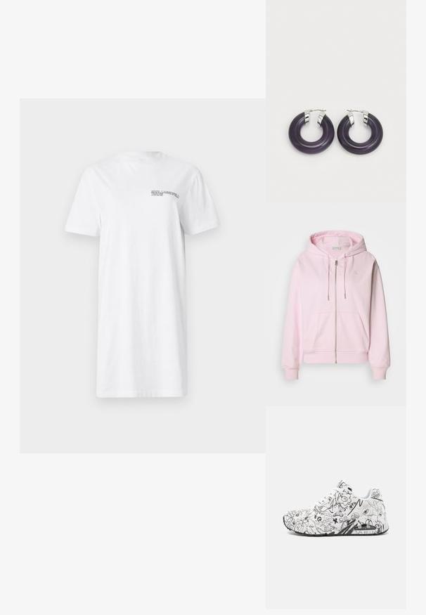 Lichtroze hoodie met rits, voorzien van een voorzak, een capuchon met trekkoord, geborduurd logo en ribgebreide boorden en zoom. Zachte stoftextuur.; Witte katoenen t-shirt jurk met een ronde hals, korte mouwen en een klein zwart merklogo op de linkerborst.; Witte sneakers met zwarte abstracte krabbels, vetersluiting, gevoerde kraag en een zwarte rubberen zool met een zichtbare luchtunit.; Paarse epoxy hoepeloorbellen met accenten van zilverkleurig metaal. Cirkelvormig met een glanzende afwerking, voorzien van een veilige scharnier sluiting.
