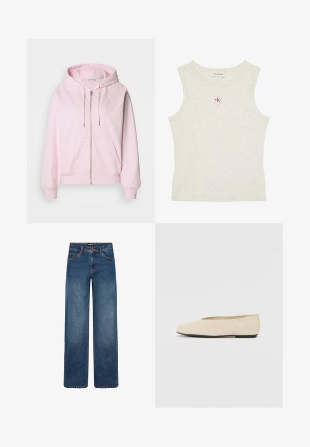 Vaaleanpunainen vetskarihuppari, jossa on etutasku, kiristysnauha hupussa, brodeerattu logo sekä ribbireunat hihoissa ja helmassa. Pehmeä kangas.; Hihaton vaaleanbeige ribbineuloksinen toppi, jossa Calvin Klein Jeans -etiketti kauluksen sisäpuolella ja pieni CK-logo keskellä kaula-aukon alapuolella.; Leveälahkeiset farkut keskiharmaalla sinisellä pesulla. Niissä on viisi taskua, nappi- ja vetoketjukiinnitys sekä kaksinkertaiset saumaukset. Kestävä kangas.; Beige mokkanahka ballerinat, pyöreällä varpaalla, littealla pohjalla ja vähäisellä muotoilulla. Pehmeä tekstuuri ilman näkyviä metalliosia tai koristeita.