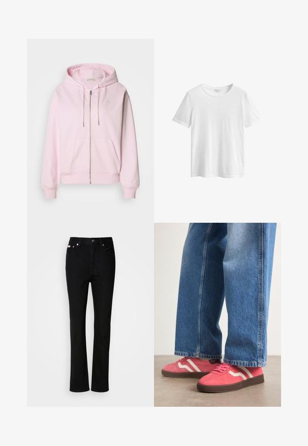 Lichtroze hoodie met rits, voorzien van een voorzak, een capuchon met trekkoord, geborduurd logo en ribgebreide boorden en zoom. Zachte stoftextuur.; Effen witte korte mouw katoenen T-shirt met ronde hals en GANT-merklabel binnenin de kraag, afgebeeld op een witte achtergrond.; Zwarte straight-leg jeans met knoop en rits aan de voorkant, ceintuurlussen en vijf-pocket styling.; Roze suède sneakers met witte golvende strepen en bruine rubberen zolen, gecombineerd met lichtblauwe wijde denim jeans.