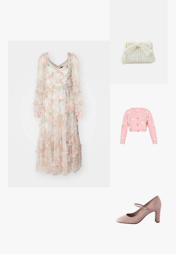 Lyserød strikket cardigan med V-hals, der har broderede rosendesigner i hvid og grøn. Lynlås foran og lange ærmer.; Needle & Thread IMMORTAL ROSE MAEVE LONG SLEEVE BALLERINA DRESS - Gallakjole - moonshine; Lyserød læderhøjhælet sko med rundet tå, ankelrem og bølget kant. Har en slank blokhæle for støtte.; Hvid plisseret clutch-taske med en fremtrædende sløjfedetalje og en guldkædetras. Blød tekstur med et samlet design på forsiden.