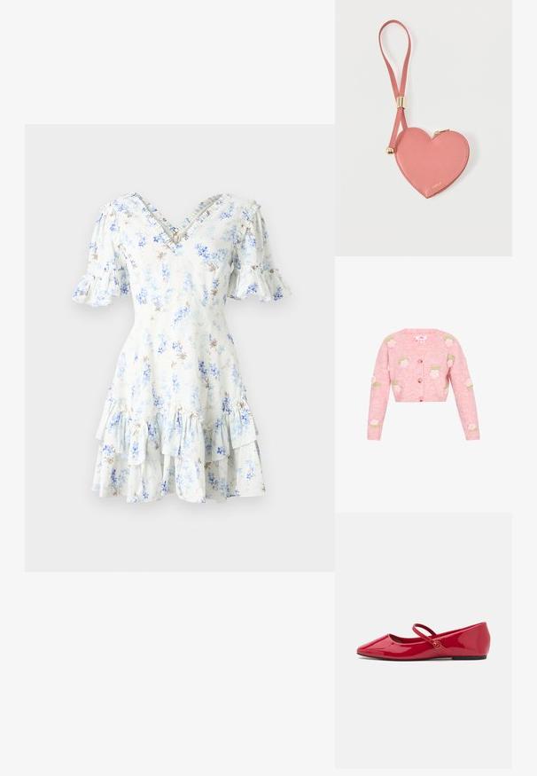 Cárdigan de punto rosa con escote en forma de V, que presenta diseños de rosas bordadas en blanco y verde. Cierre con botones en la parte delantera y mangas largas.; Vestido floral con escote en V, mangas cortas con volantes, falda de volantes en capas, tejido azul claro y pequeños patrones florales en azul y marrón.; Zapatillas tipo ballet de charol rojo con punta puntiaguda, correa en el tobillo y pequeño adorno redondo en la correa. Suela plana y textura suave.; Monedero de cuero rosa en forma de corazón con correa para la muñeca y cremallera dorada, con la marca "Furla" en pequeño texto dorado.