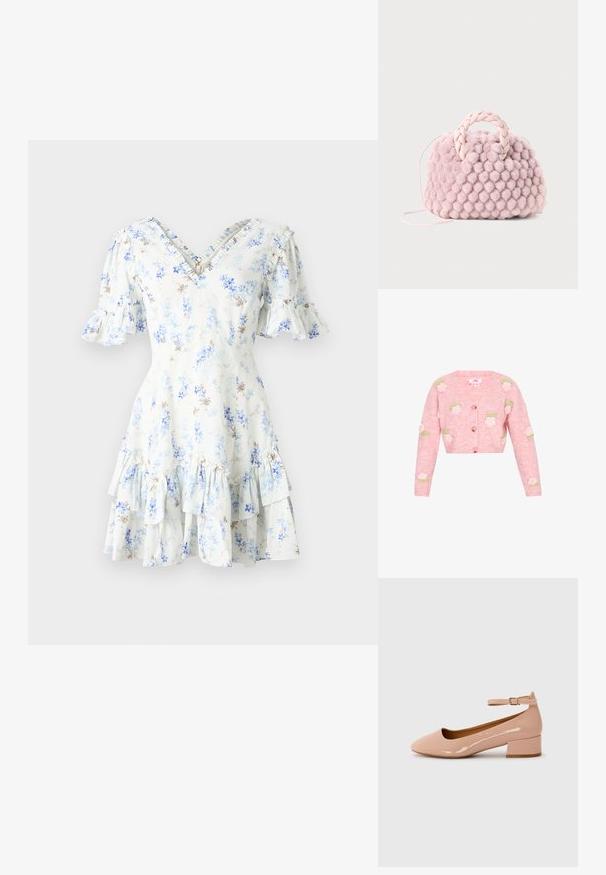 Lyserød strikket cardigan med V-hals, der har broderede rosendesigner i hvid og grøn. Lynlås foran og lange ærmer.; Blomstret kjole med v-hals, korte volangærmer, lagdelt volangskørt, lyseblåt stof og små blå og brune blomster mønstre.; Patentlakerede lyserøde flade sko med rund tå, ankelstrop og lav blokhæl. Glat tekstur og minimalistisk design.; Lyserød pom-pom tekstureret håndtaske med et flet håndtag og en tynd rem. Rund form, blød overflade, kompakt design.