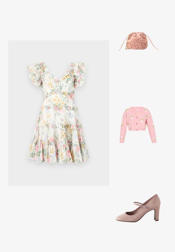 Lyserød strikket cardigan med V-hals, der har broderede rosendesigner i hvid og grøn. Lynlås foran og lange ærmer.; Blomstret kjole i let stof, med flæset ærmer, dyb V-udskæring og lagdelt nederdel med pastelblomster og matchende flæsede detaljer.; Lyserød læderhøjhælet sko med rundet tå, ankelrem og bølget kant. Har en slank blokhæle for støtte.; Lyserød snøreremstaske med teksturerede blomsterapplikationer og gyldne kædeaccents på hvid baggrund.