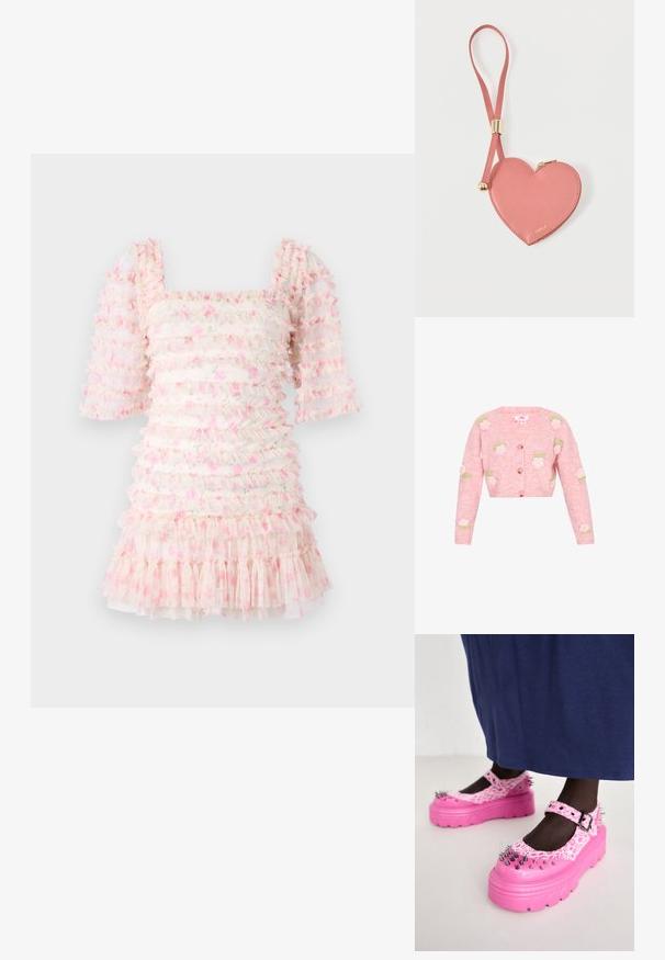 Vaaleanpunainen neulecardigan, jossa on V-pääntie ja valkoiset sekä vihreät brodeeratut ruusukuviot. Edessä napitus ja pitkät hihat.; Kihara, jossa on neliökaulus ja puffihihat, valmistettu läpikuultavasta kankaasta, jossa on vaaleanpunaisia kukkakuoseja ja kerroksellisia röyhelöitä helmassa.; Vaaleanpunaiset platform-kengät, joissa on teksturoitu, krokotiilinahka-tyylinen pinta ja metalliset piikit kärjessä ja sivuilla. Varusteena säädettävä solkikiinnitys.; Vaaleanpunainen sydämenmuotoinen nahkainen kolikkokukkaro rannekkeella ja kultaisella vetoketjulla, jossa pieni kultainen "Furla"-teksti.
